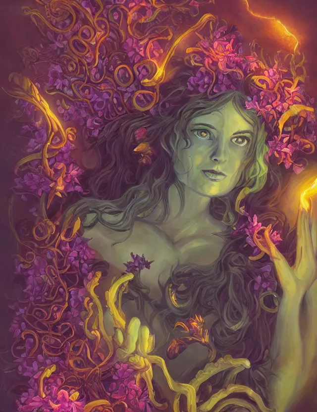 Image similar to lovecraftian deity of light and flowers. this oil painting by the award - winning comic artist has interesting color contrasts, plenty of details and impeccable lighting.