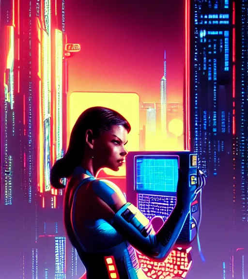 Image similar to cable plugged in, side of head, very very beautiful woman, cyberdeck computer terminal, street level night city, 1 9 7 9 omni magazine cover, style by vincent di fate, artgerm, cyberpunk 2 0 7 7, very coherent, detailed, 4 k resolution, unreal engine, daz