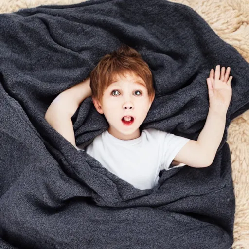 Prompt: kid cover under blanket from a scary big monster