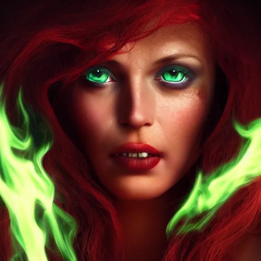 Prompt: 4k UHD photorealistic render beautiful sorceress with pale green eyes and fiery red hair summoning a demonic nightmare