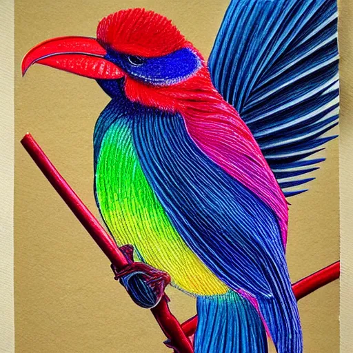 Image similar to Colored pencil art on paper, Tropical Bird, highly detailed, artstation, MasterPiece, Award-Winning, Caran d'Ache Luminance