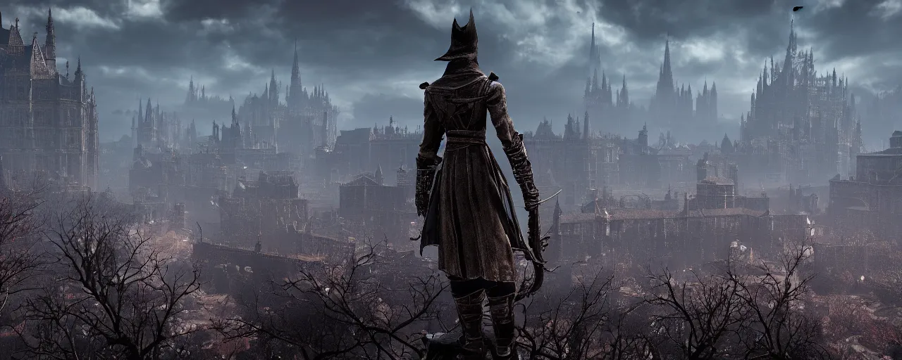 Image similar to a vast landscape with lots of unique landmarks, this is truly a beautiful view, screenshot from bloodborne