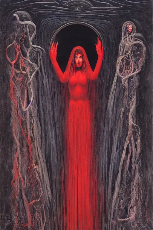 Image similar to mysterious occult woman, shrouded in black and red, hovering over the ground in front of a portal opening up into the depth of a new realm, epic surrealism 8k oil painting, high definition, post modernist layering, by Ernst Fuchs, John Howe