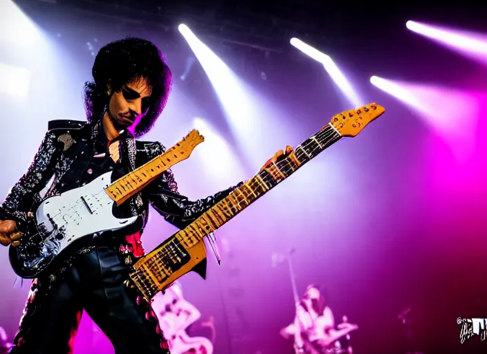 Image similar to photo still of prince from purple rain on stage at vans warped tour!!!!!!!! at age 3 3 years old 3 3 years of age!!!!!!!! shredding on guitar, 8 k, 8 5 mm f 1. 8, studio lighting, rim light, right side key light