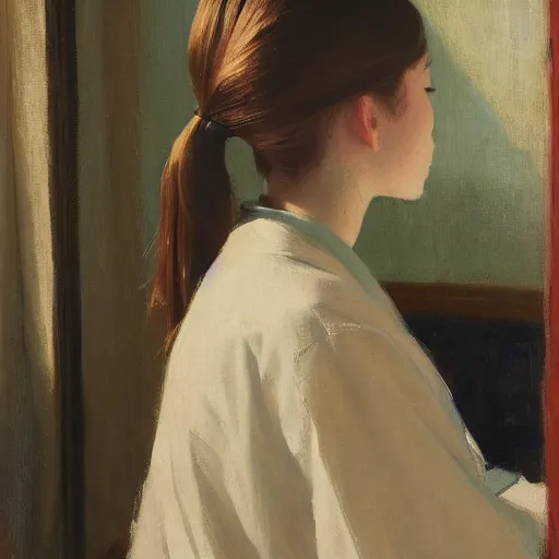 Image similar to girl with pigtails, in kimono, backview, sitting on edge of bed, by jeremy lipking, tim rees, joseph todorovitch