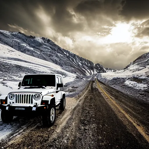 Image similar to white jeep wrangler driving up snow covered mountain ridge, dreamy atmosphere, dramatic lighting, cinematic, photo realism