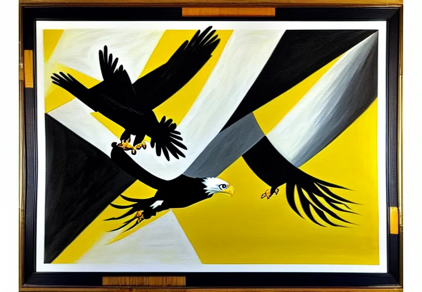 Prompt: framed black and yellow and white painting of an action shot of bald eagle with fishhanging over couch, monet, cubism