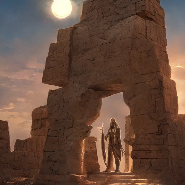 Prompt: look on my works, ye mighty! and kneel before me! the sun descends here, in our unlimited brilliance! ramesseum tentyris!, trending on artstation