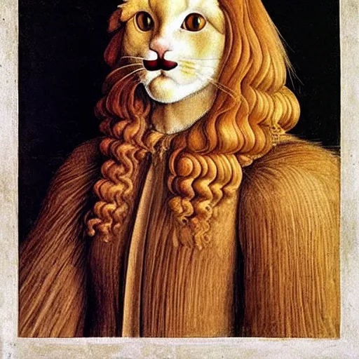 Image similar to beautiful renaissance painting portrait of ginger maine coon with white beard by sandro botticelli, jan van eyck, tiziano vecelli, piero della francesca