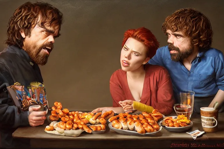 Prompt: portrait of peter dinklage sharing hotdogs with scarlett johansson, an oil painting by ross tran and thomas kincade