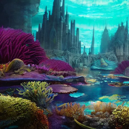 Prompt: a fantasy atlantis city underwater, desolated, fluorescent kelps, soft, concept art, sharp focus, intricate details, highly detailed, photorealistic, disney pixar, octane render, iridescent, anime, big field of view