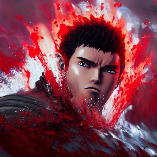 Image similar to guts from berserk submerged in red water, extremely detailed, made by wlop, maxwell boas, Sakimi chan,Naranbaatar Ganbold and Anato Finnstark