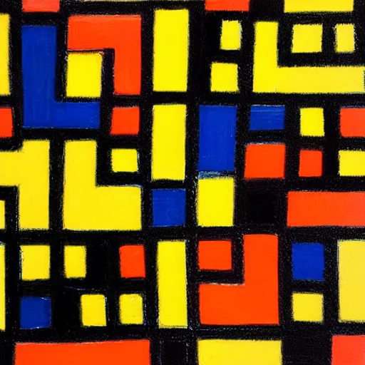 Image similar to an abstract painting of symmetric squares, circles and triangles in black, orange and yellow, inspired by piet mondrian