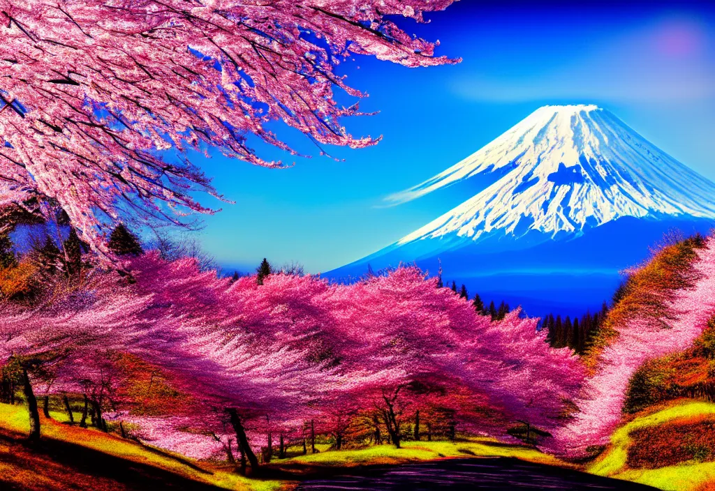 Image similar to a real photographic landscape painting with incomparable reality, wide angle, in forest, flowers, cherry blossom tree in full bloom, bright style, mount fuji, clearing, magnificent, artstation