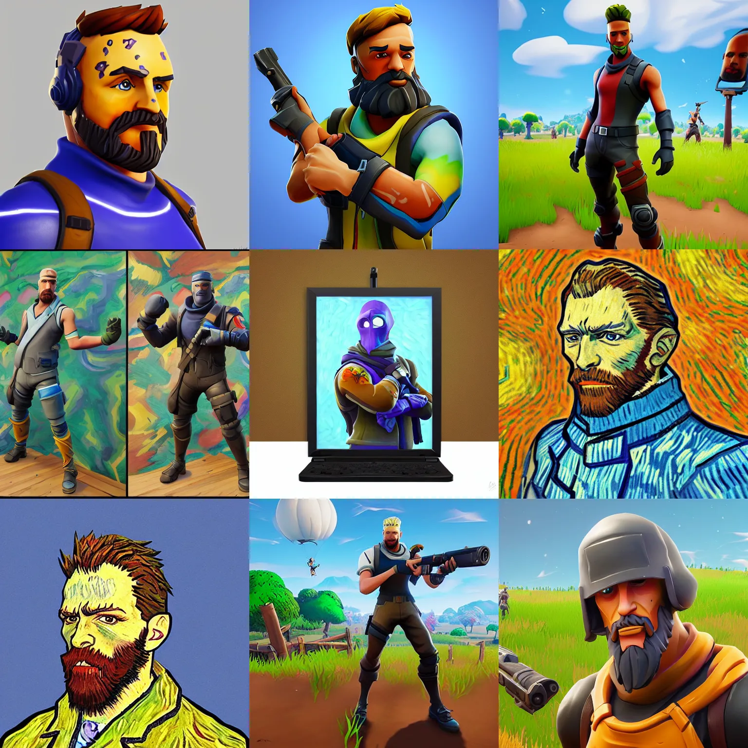 Prompt: default fortnite skin painted by vincent van Gogh