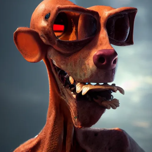 Image similar to hyperrealistic mixed media image of courage the cowardly dog, stunning 3 d render inspired art by istvan sandorfi and greg rutkowski, perfect facial symmetry, realistic, highly detailed attributes and atmosphere, dim volumetric cinematic lighting, 8 k octane extremely hyper - detailed render, post - processing, masterpiece,