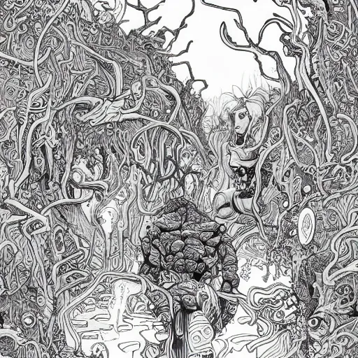 Image similar to a coloring page of a weird dream by James Jean and Dan Mumford and Strongstufftom and Adi Granov