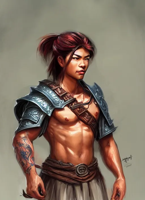 Image similar to muscly asian man middle parted hair, dndbeyond, bright, colourful, realistic, dnd character portrait, full body, pathfinder, pinterest, art by ralph horsley, dnd, rpg, lotr game design fanart by concept art, behance hd, artstation, deviantart, hdr render in unreal engine 5