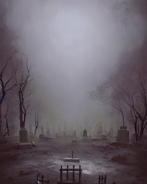 Image similar to a highly detailed epic cinematic concept art CG render digital painting artwork: Cemetery in fog. By Greg Rutkowski, in the style of Francis Bacon and Syd Mead and Norman Rockwell and Beksinski, open ceiling, highly detailed, painted by Francis Bacon and Edward Hopper, painted by James Gilleard, surrealism, airbrush, Ilya Kuvshinov, WLOP, Stanley Artgerm, very coherent, triadic color scheme, art by Takato Yamamoto and James Jean