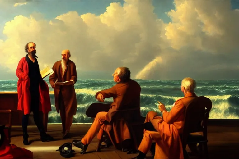 Prompt: ( ( a beautiful 8 k photorealistic masterpiece oil painting ) ( of ( philosopher lecturing to an audience while ship is sinking on the background ) ) ) ( hyperrealism ) ( 1 6 k ) ( trending on artstation )