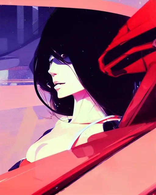 Image similar to a ultradetailed beautiful painting of a stylish woman driving a car, by conrad roset, greg rutkowski and makoto shinkai trending on artstation