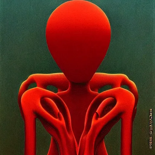 Prompt: i - robot as a zdzisław beksinski painting, surreal, godlike, red shading