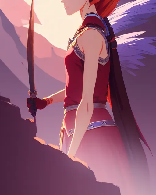 Image similar to azctec warrior, katherine mcnamara, detailed perfect face, exquisite details, fire magic, mid view, design on a white background, by studio muti, greg rutkowski makoto shinkai takashi takeuchi studio ghibli