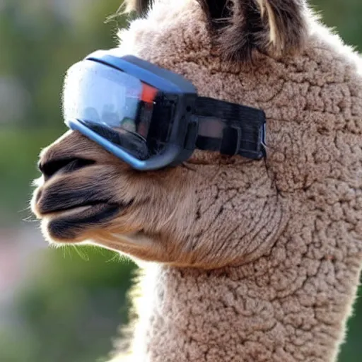 Prompt: an alpaca wearing a construction helmet and safety goggles