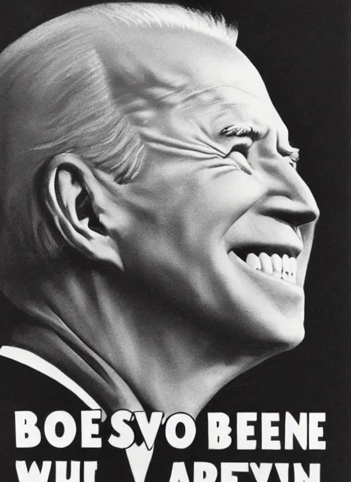 Prompt: first person perspective of joe biden staring directly at you ominously with a big scary smile, 1940s propoganda art