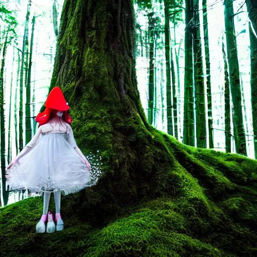 Prompt: portrait of a thin girl twiggy face in full height, elegant pose, a huge toadstool hat on her head, large eyes , the girl is standing on the edge of the forest, surrounded by colorful sparkling moss ,intense, dramatic lighting, intricate details, cinematic, high definition