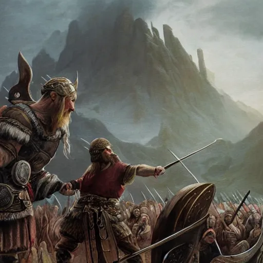 Image similar to viking fighting against a giant fantasy art, matte painting