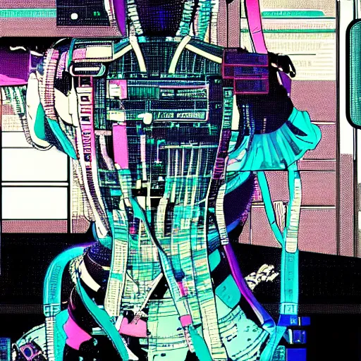 Image similar to a cyberpunk anime style illustration of an android girl seen from behind, seated on the floor in a tech labor with her back open showing a complex mess of cables and wires, by masamune shirow and katsushiro otomo, studio ghibli color scheme