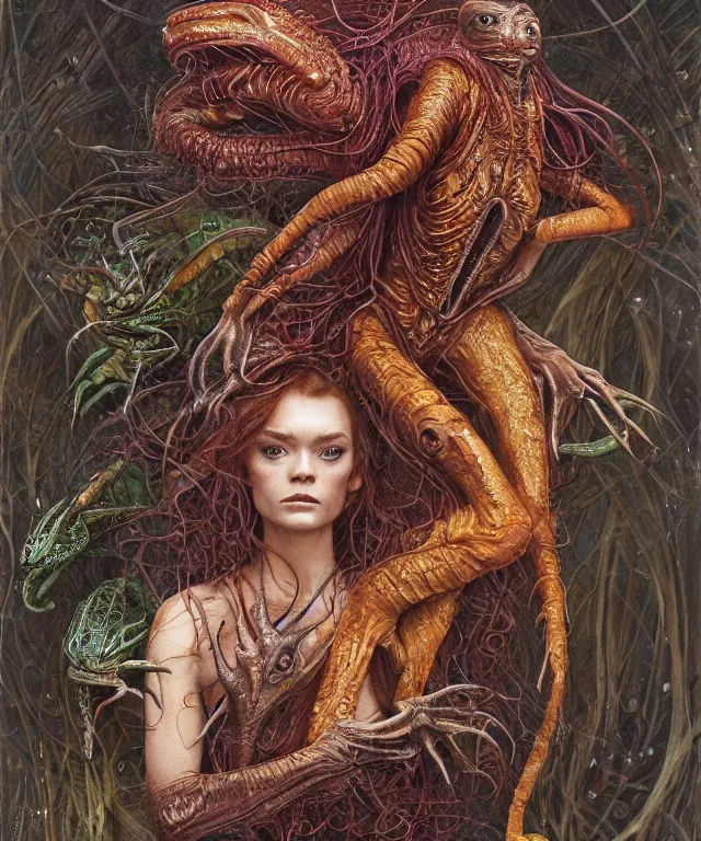 Prompt: portrait photograph of a fierce sadie sink as an alien harpy queen with slick slimy amphibian skin. she is trying on evil bulbous slimy organic membrane fetish fashion and transforming into a fiery succubus amphibian villian. by donato giancola, walton ford, ernst haeckel, brian froud, hr giger. 8 k, cgsociety