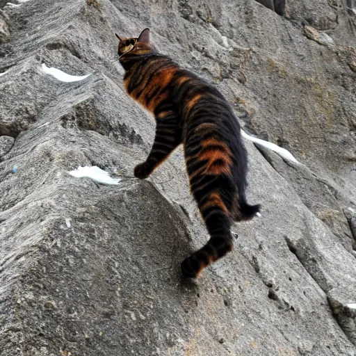 Prompt: a tortoiseshell cat climbing mount everest, nature photography