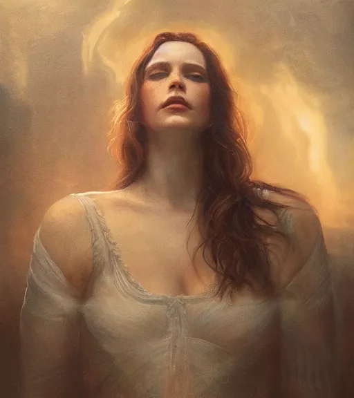 Image similar to riveting gracious seductive oracle of delphi portrait, soft rim light, mysterious atmospheric lighting, painted, intricate, volumetric lighting, beautiful, rich deep colours masterpiece, golden hour, sharp focus, ultra detailed, by leesha hannigan, ross tran, thierry doizon, kai carpenter, ignacio fernandez rios