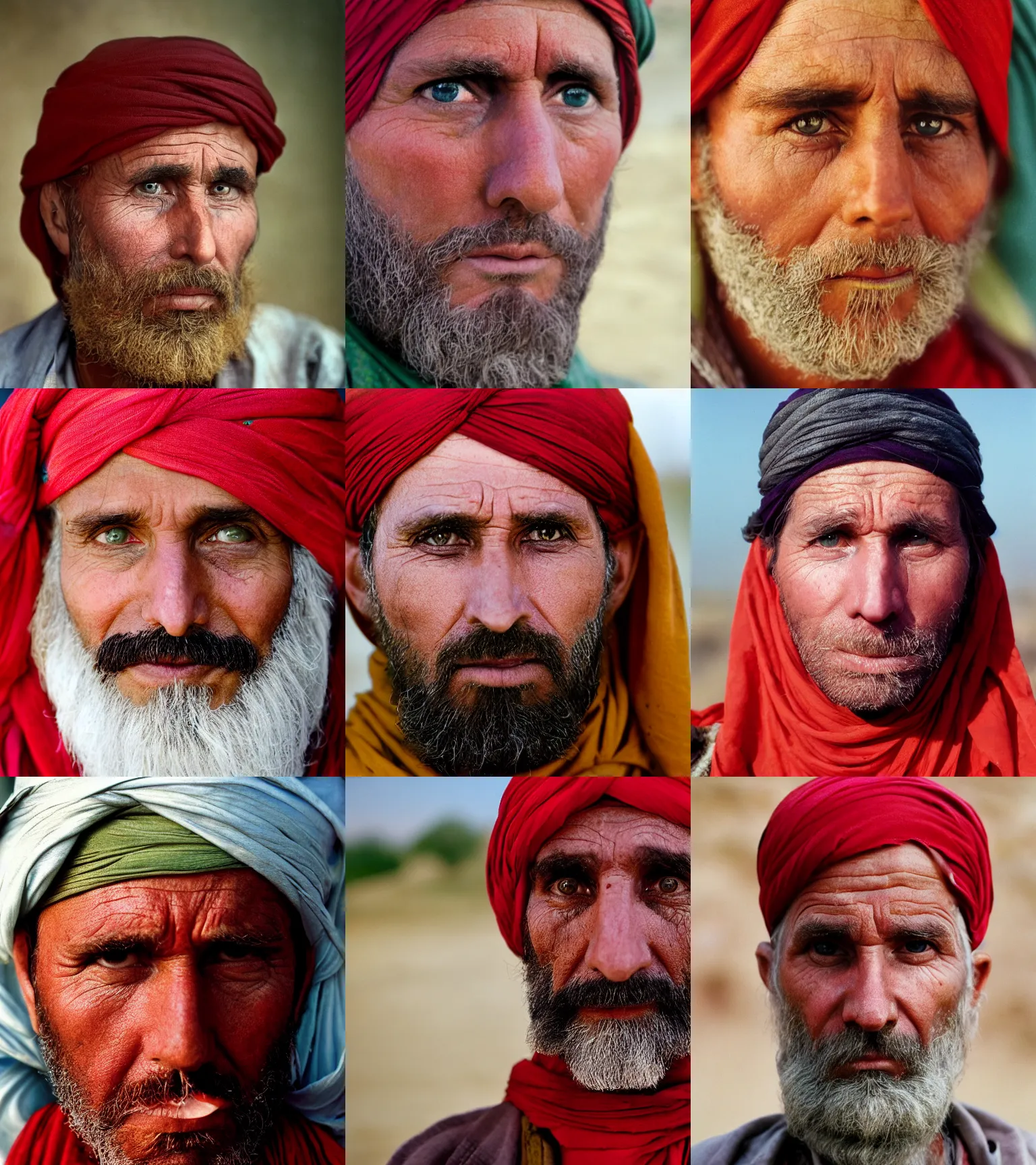 Prompt: portrait of donald trump as afghan man, green eyes in a red headscarf looking intensely at the camera, taken by steve mccurry, kodachrome 6 4 color slide film, with a nikon fm 2 camera and nikkor 1 0 5 mm ai - s f 2. 5 lens