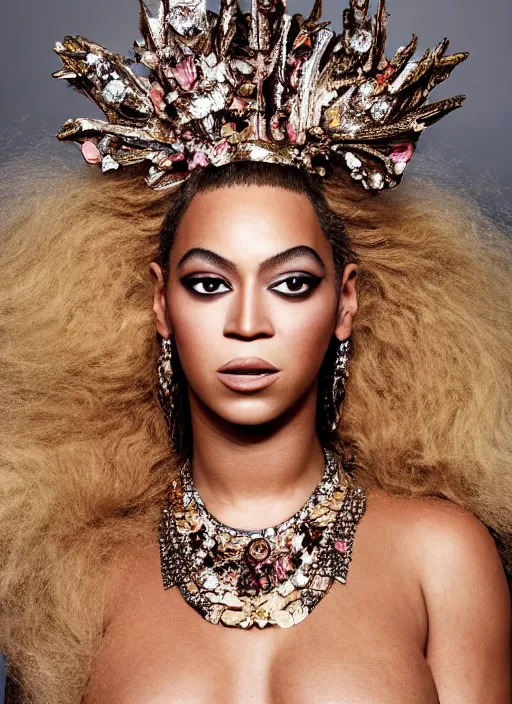 Image similar to photo of beyonce styled by nick knight posing, intricate headpiece, showstudio, face close up, vogue magazine, 2 0 2 0, canon, highly realistic. high resolution. highly detailed. dramatic. 8 k. 4 k. zeiss lens, canon eos, cinematic lighting, photography, film still