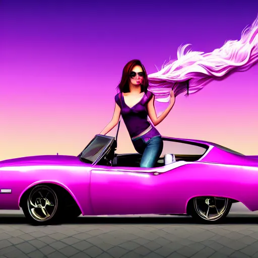 Prompt: a stunning GTA V loading screen with a beautiful woman with ombre hairstyle in purple and pink blowing in the wind, classic car, city streets, golden ratio, digital art, trending on artstation