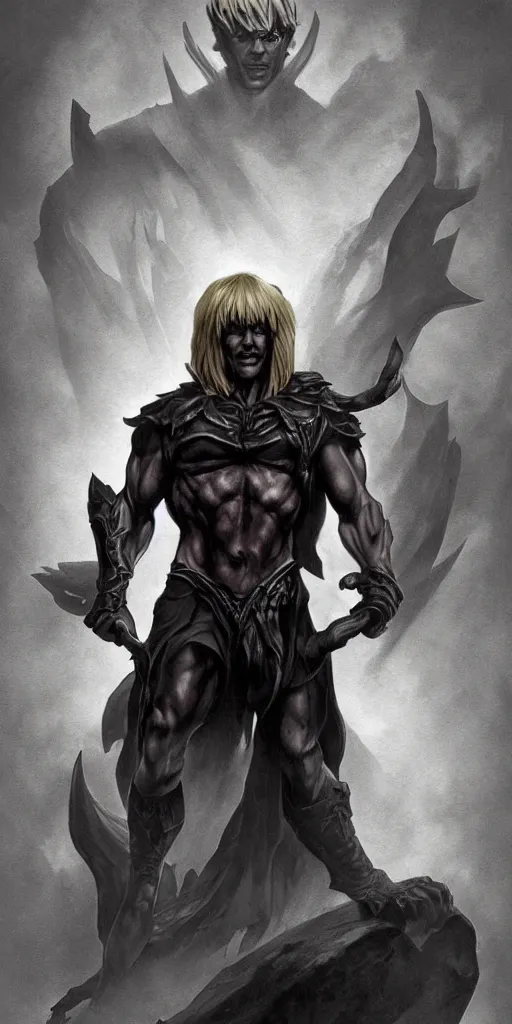 Prompt: one full body centered character pose of He-Man with a dark manner, atmospheric, dark and mysterious, shadowy and eerie character, ominous, cinematic, Epic, 4k, ultra-detailed, ultra-realistic, colored ZBrush render, art by artgerm and Greg Rutkowski and Alphonse Mucha