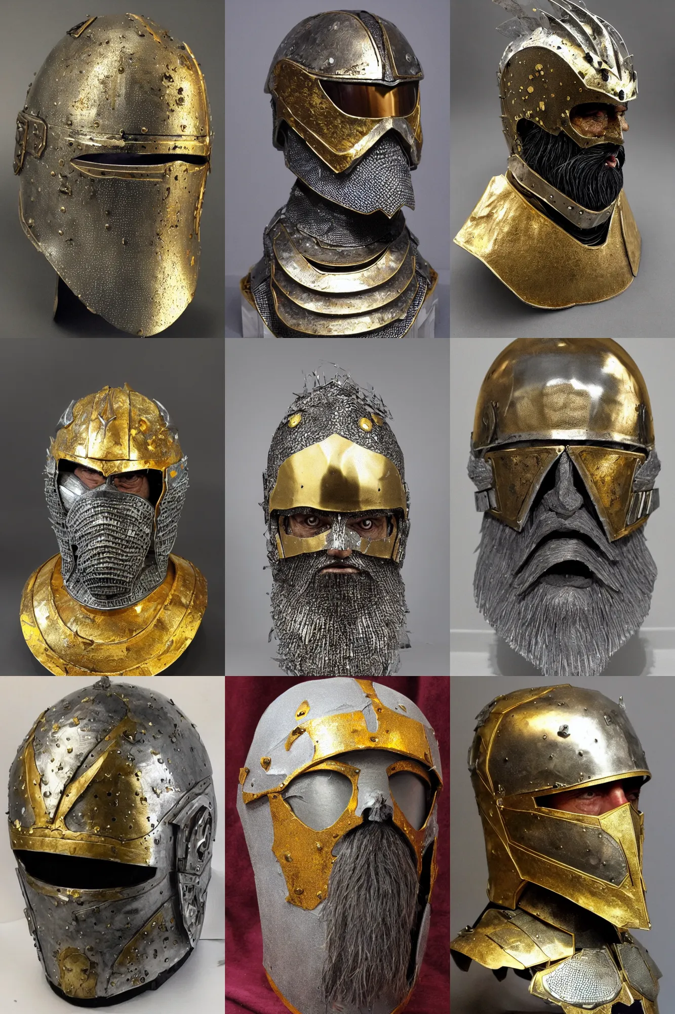 Prompt: old gigachad with grey beard, messy short hair, many scars, angry. wearing intricate gold armour. dented helmet. acrylic.