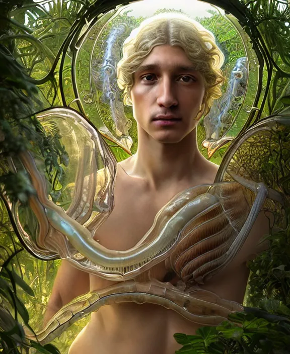 Image similar to intricate ornate opulent transparent clear see - through portrait of a horrific beautiful male human isopod nautilus tornado, adorable, childlike, overgrown jungle environment, ultra realistic, concept art, art nouveau, photorealistic, octane render, 8 k, unreal engine. art by christopher marley and artgerm and greg rutkowski and alphonse mucha