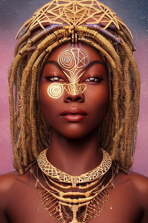 Image similar to a photo of a single alluring african tribal goddess adorned surrounded by sacred geometry made from mecha parts architecture and incense smoke, full body, gorgeous, perfect face, powerful, cinematic, beautifully lit, by artgerm, by karol bak, by viktoria gavrilenko, 3 d, trending on artstation, octane render, 8 k