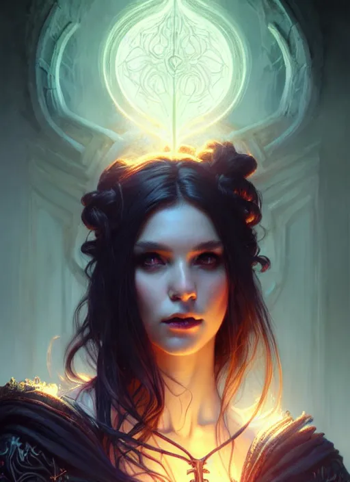 Image similar to Necromancer Sorceress, fantasy magic, undercut hairstyle, dark light night, intricate, elegant, sharp focus, illustration, highly detailed, digital painting, concept art, matte, art by WLOP and Artgerm and Greg Rutkowski and Alphonse Mucha, masterpiece