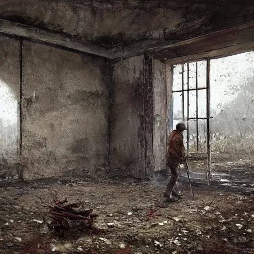 Image similar to painting by jakub rozalski of a person walking with a wheelbarrow in an abandoned post soviet town infested with root monsters