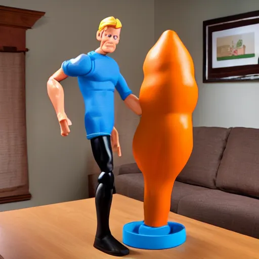 Image similar to Stretch Armstrong filled with air. Overinflated muscles. Giant action figure made of rubber.