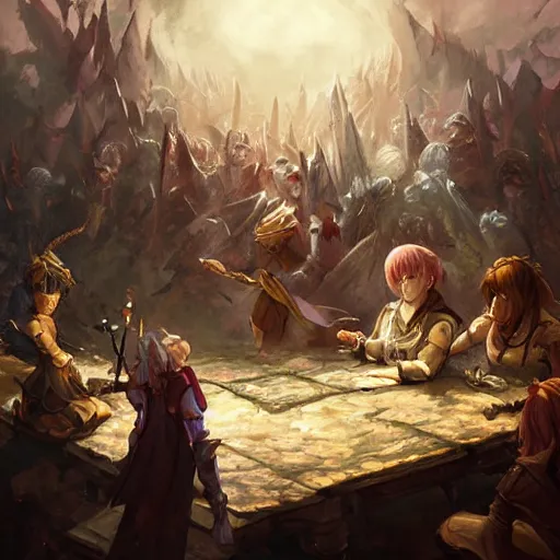 Prompt: dungeons and dragons fantasy painting, chaos and conflict, finger pointing and angry gestures, allies who long spoke in one voice now squabble over petty differences leaders in different styles of dress gesturing angrily across a council table, anime inspired by krenz cushart, evening lighting, by brian froud jessica rossier and greg rutkowski