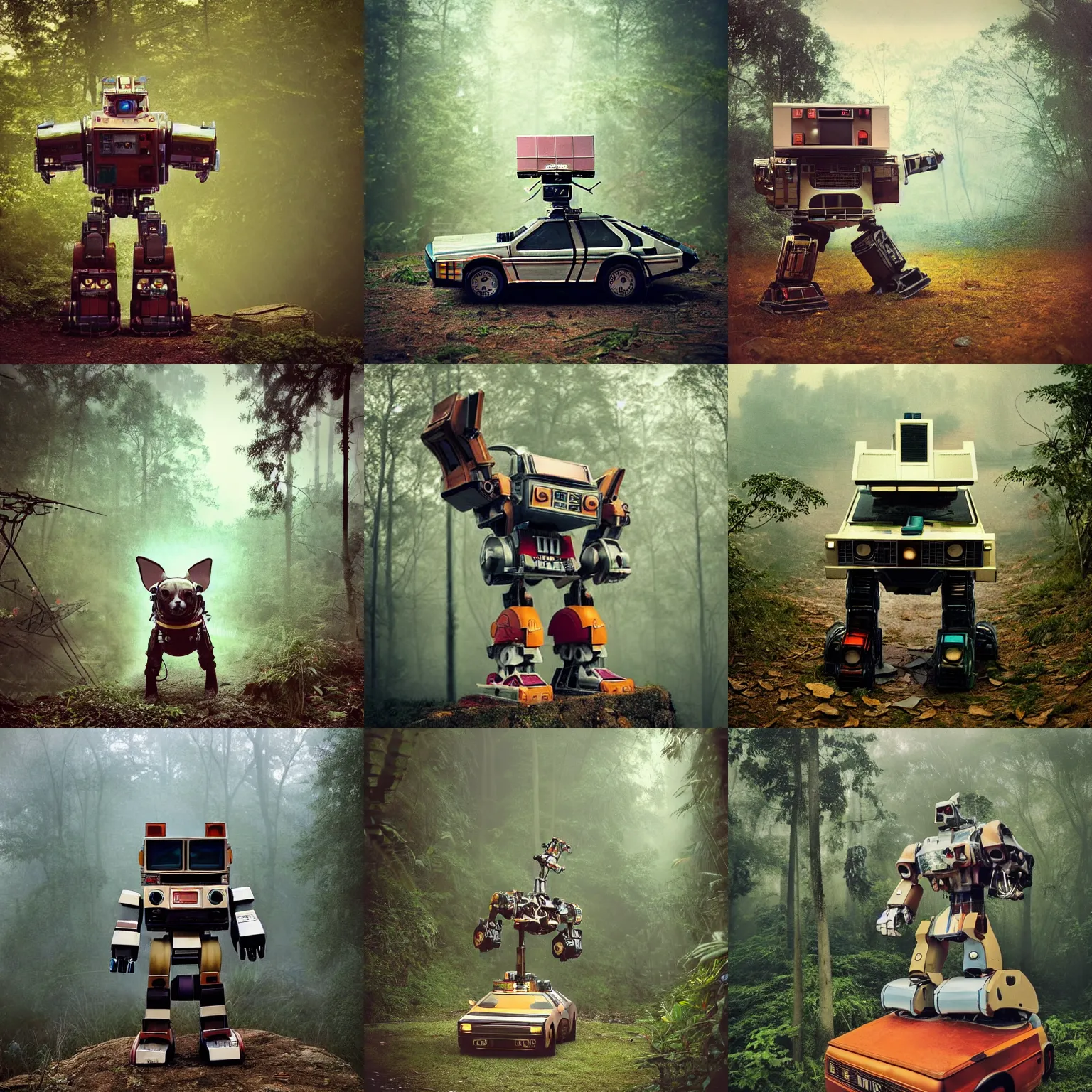 Prompt: low saturation photograph!! giant oversized cyborg chihuahua robot as cyborg robo - mecha - delorean chubby mech transformers, on forest jungle peak, cinematic focus, polaroid photo, vintage, neutral dull colors, soft lights, foggy, overcast by oleg oprisco, by thomas peschak, by discovery channel, by victor enrich, by gregory crewdson