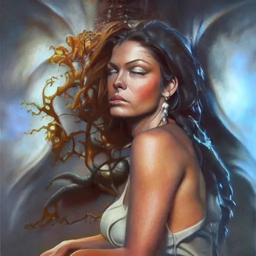 Prompt: detailed portrait of mind blown intricate, hyper detailed, realistic, oil painting, by julie bell, frank frazetta, cinematic lighting