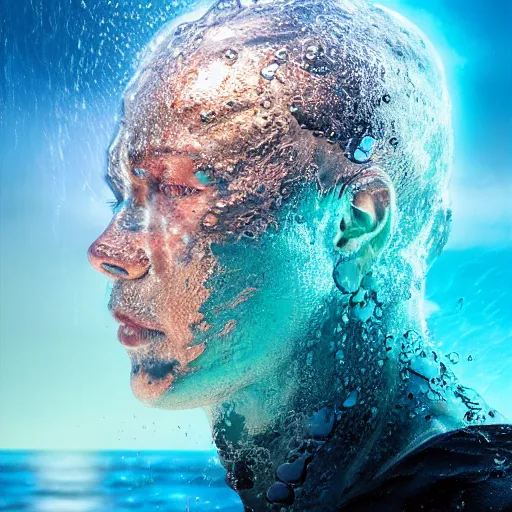 Image similar to water artwork manipulation in the shape of a human head, on the ocean water, futuristic, neon, magma, ray tracing, realistic water sharp focus, long shot, 8 k resolution, cinematic, surreal water art