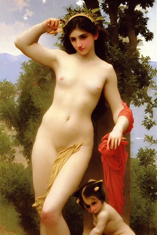 Image similar to a catgirl as a greek goddess, painting by william adolphe bouguereau